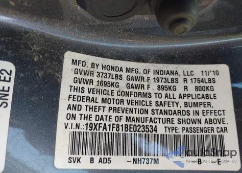 2011 Honda Civic Ex из США, поврежденный, VIN 19XFA1F81BE023534